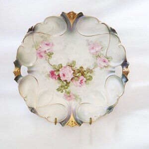 Vintage Cake Plate Iridescent Lusterware Finish Pink Roses Scalloped Gil…